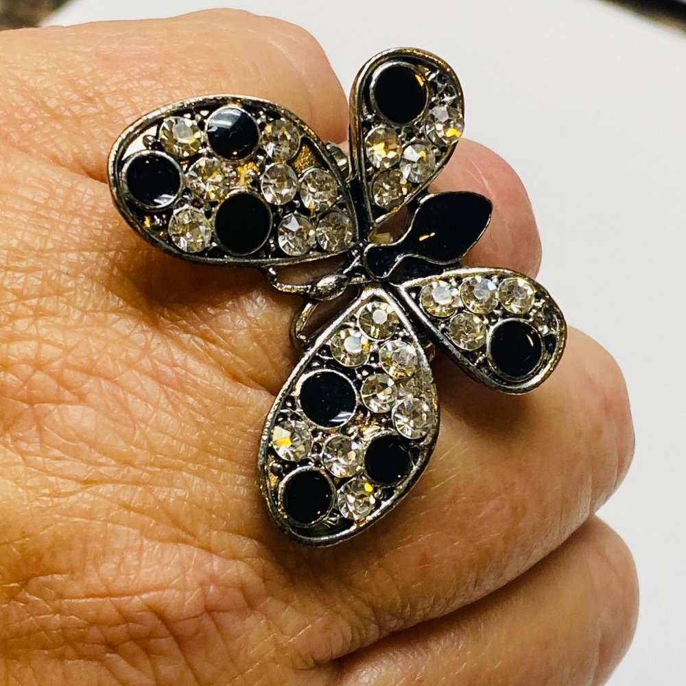 Ring Stretch Butterfly Shape Women Rhinestone Accents Enamel Silver Color Metal - Picture 6 of 16